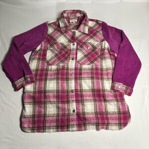 Umgee Purple Plaid Flannel Shirt Corduroy Sleeves Chest Pockets Size XL Women